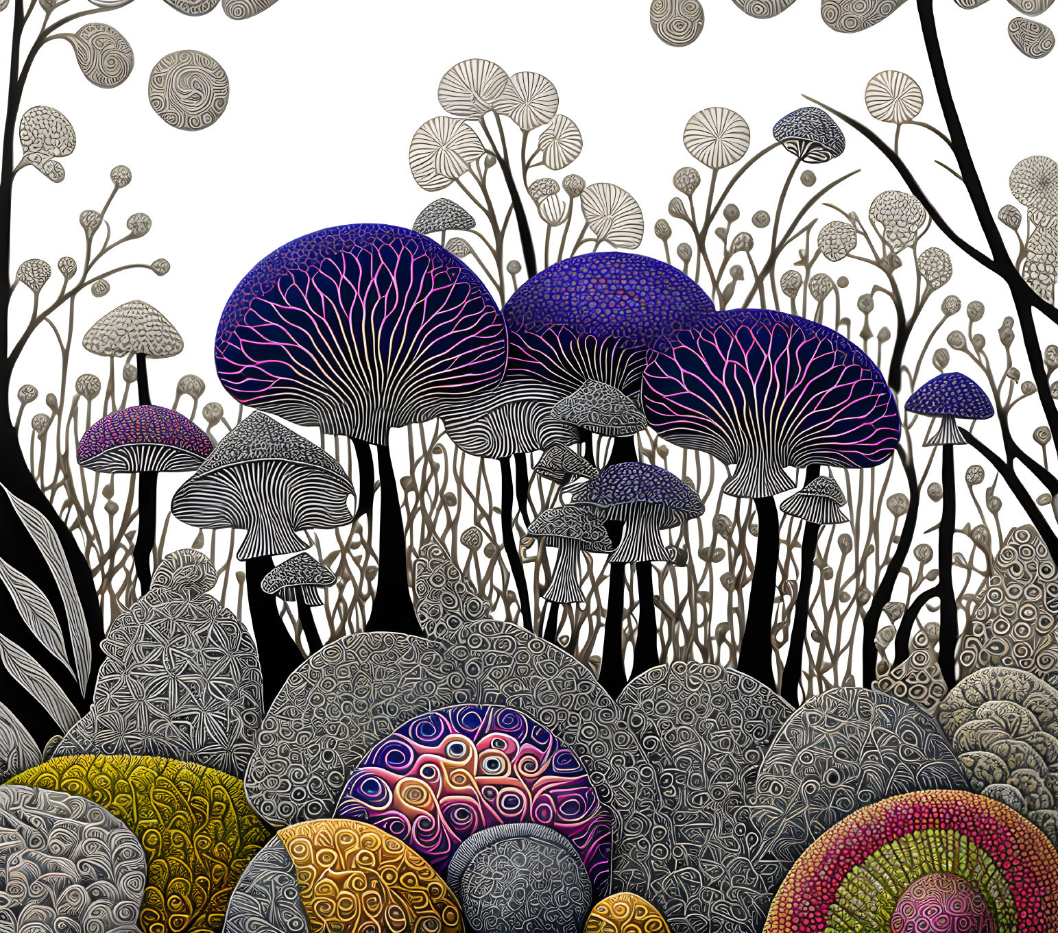 Detailed Illustration of Stylized Mushrooms in Whimsical Forest