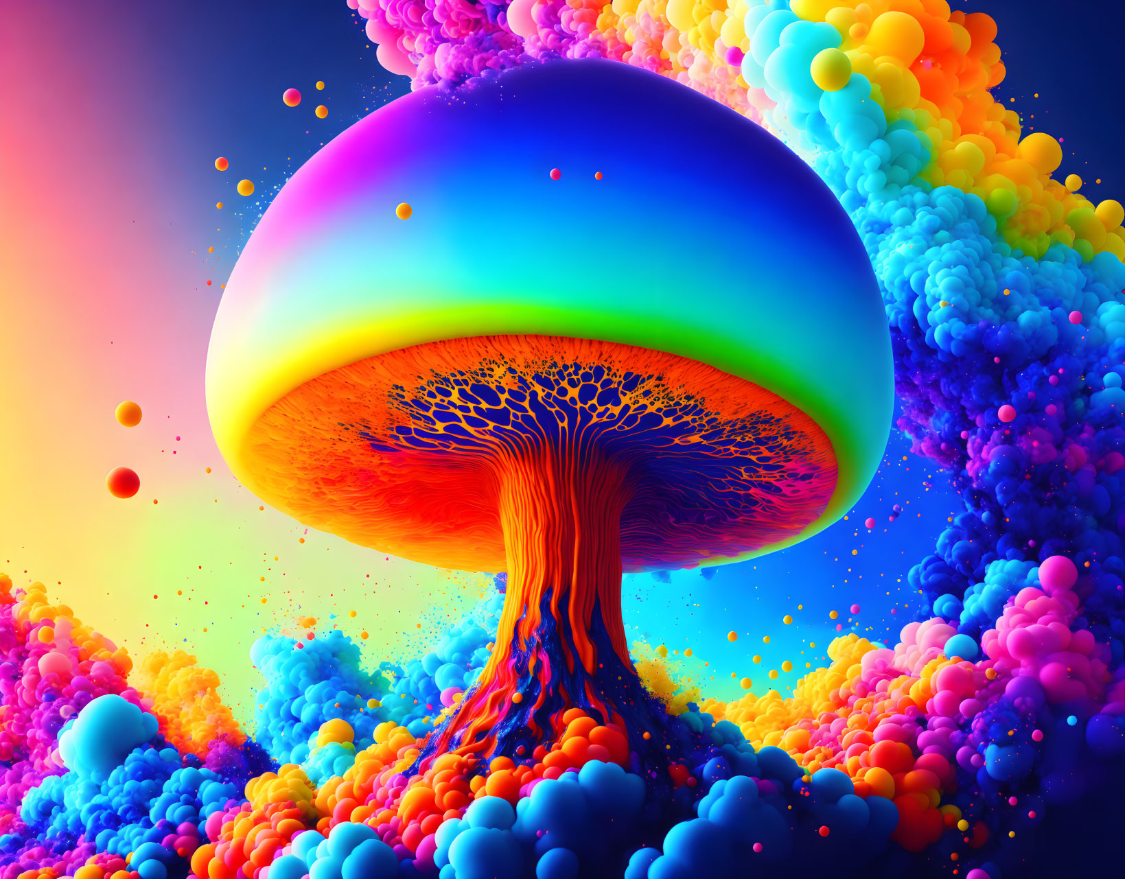 Colorful tree with rainbow canopy in surreal landscape