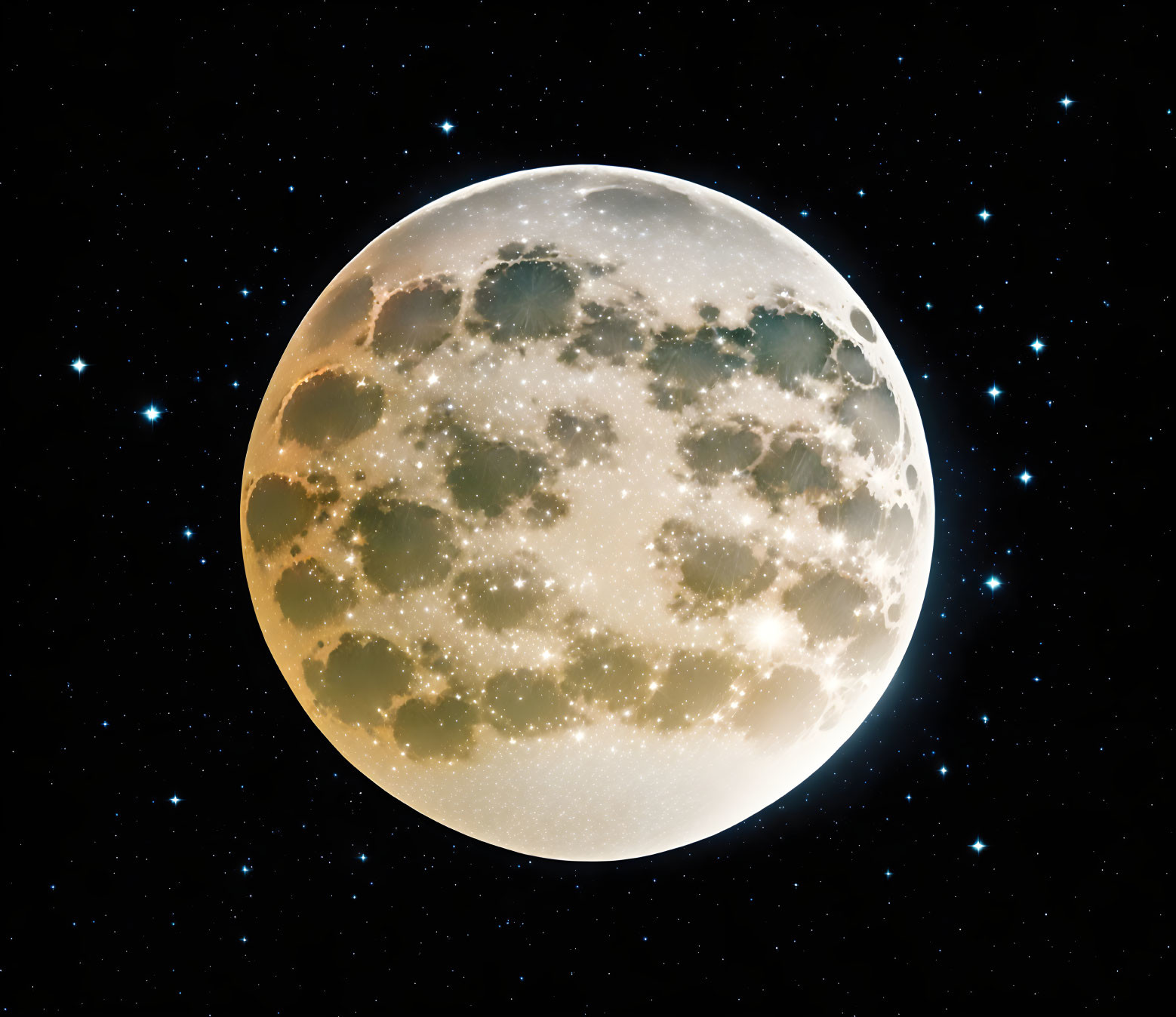 Detailed depiction of full moon with craters in starry night sky