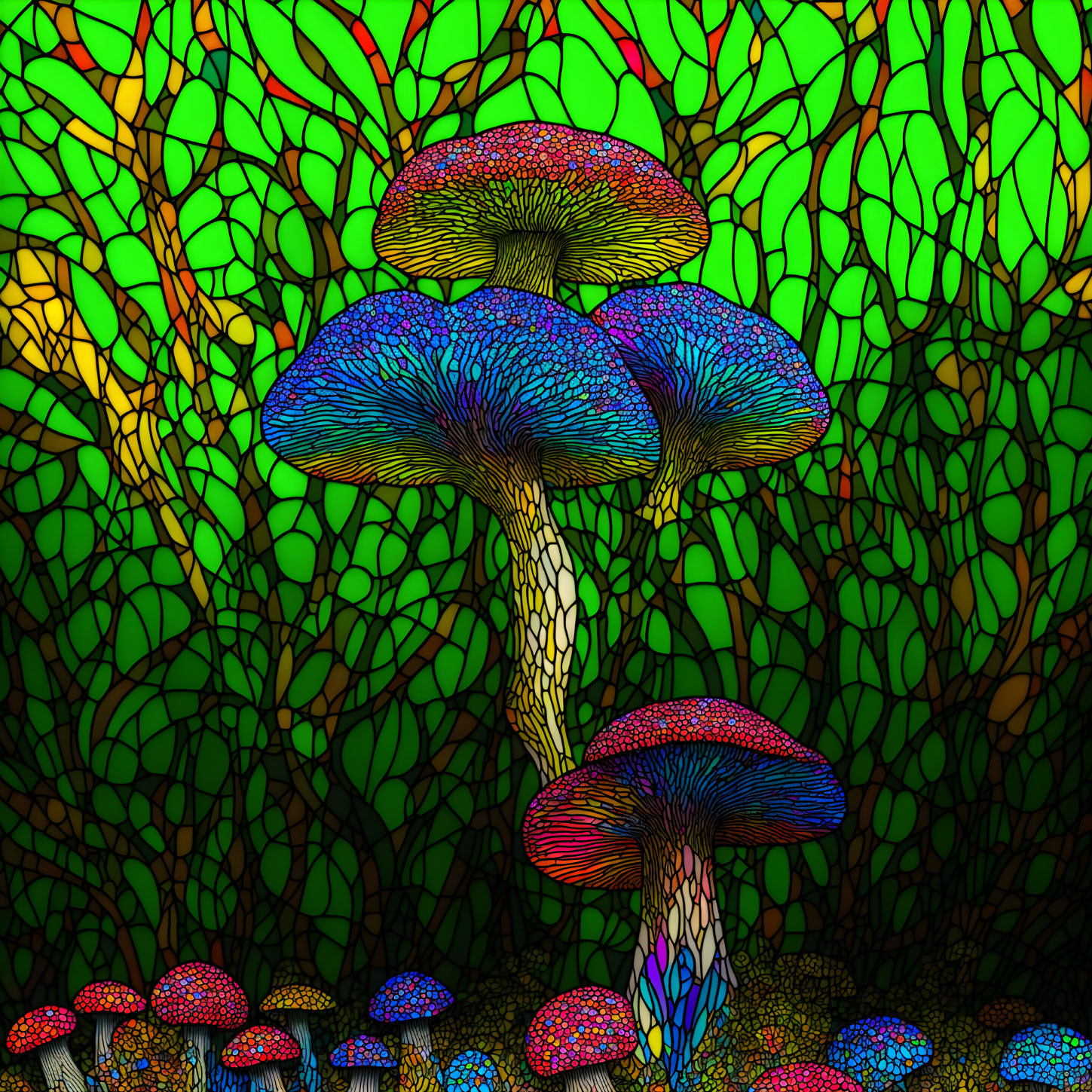 Vibrant Mushroom Artwork on Green Mosaic Background