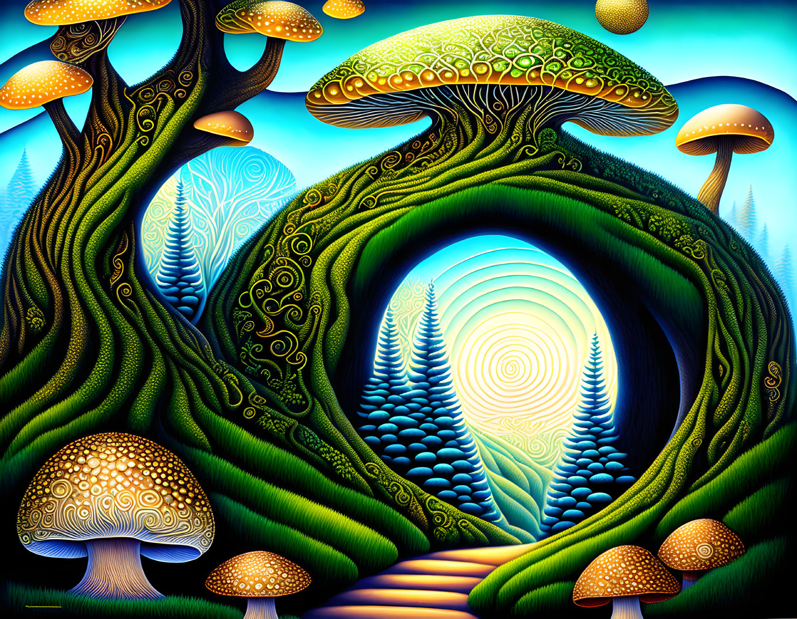 Colorful surreal illustration: Stylized trees, oversized mushrooms, luminous portal