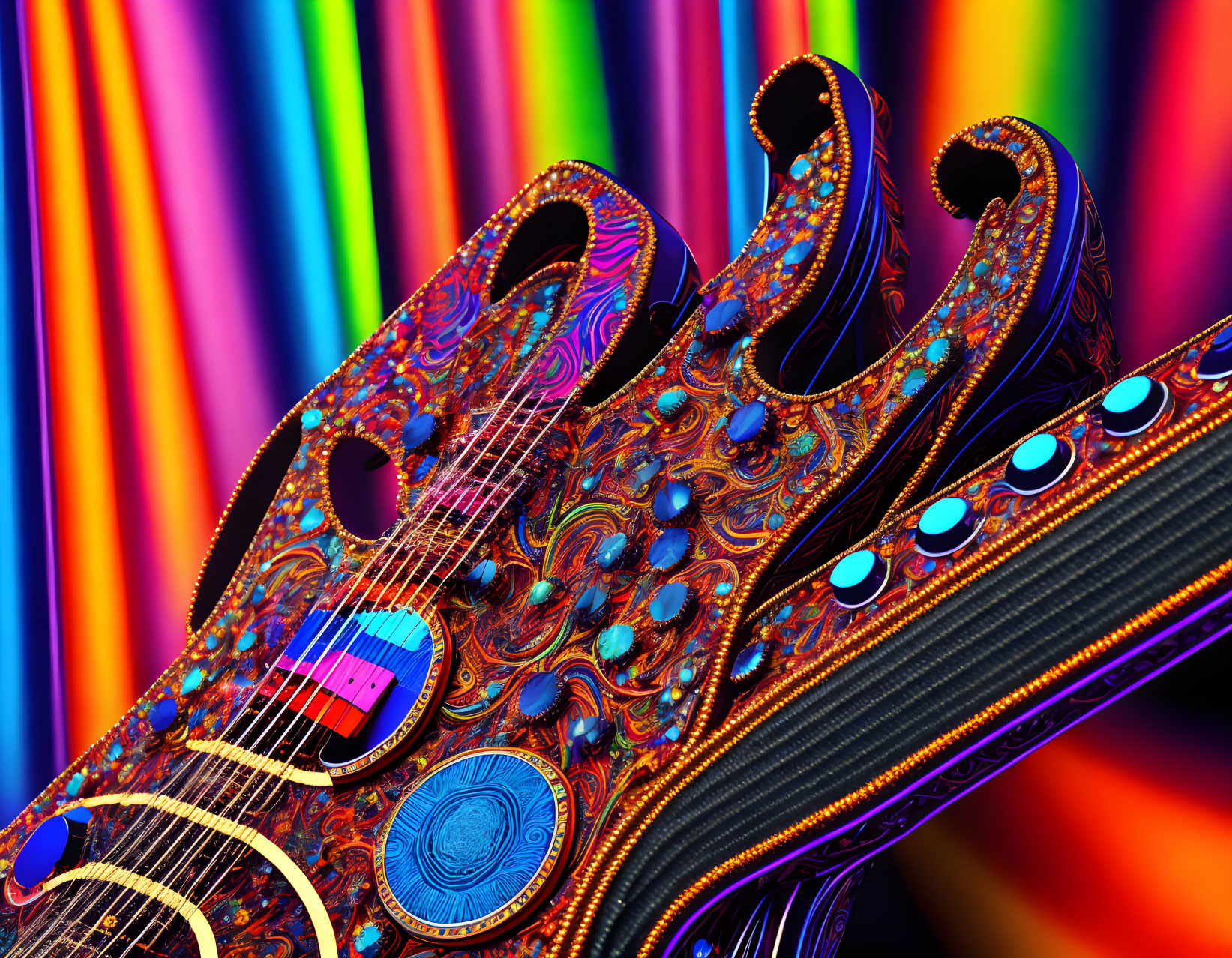 Vibrant abstract artwork: psychedelic guitar on rainbow background