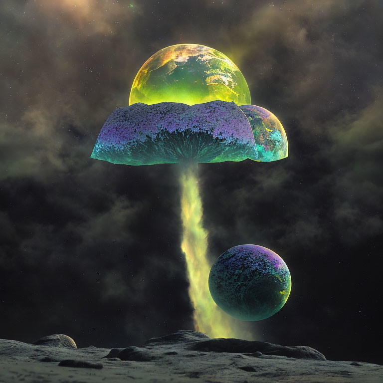 Surreal glowing mushroom emitting beam at floating planet