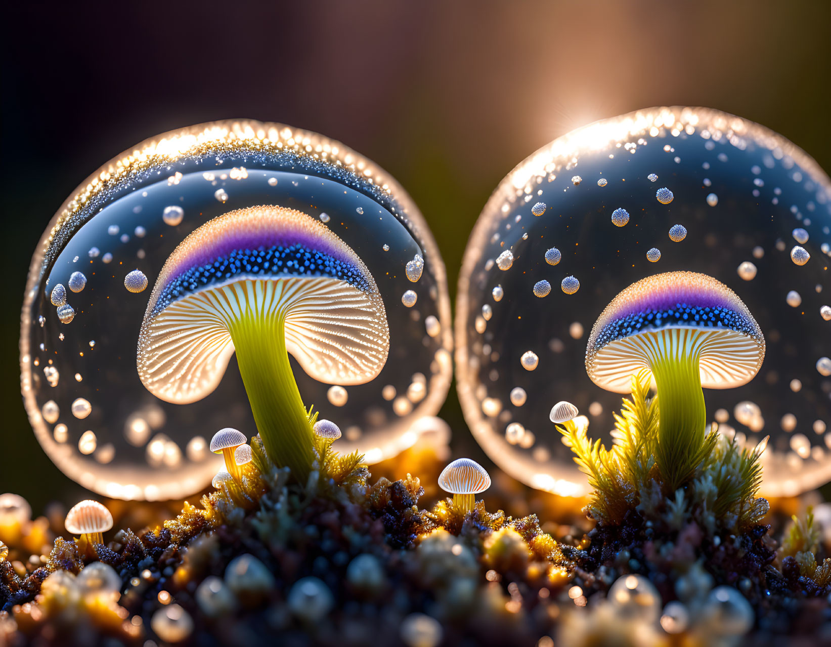 Luminescent mushrooms under soap bubbles on mossy ground with bokeh effect