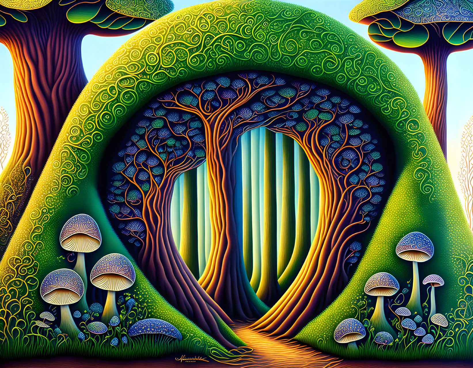 Whimsical forest digital artwork with oversized mushrooms and tree portal