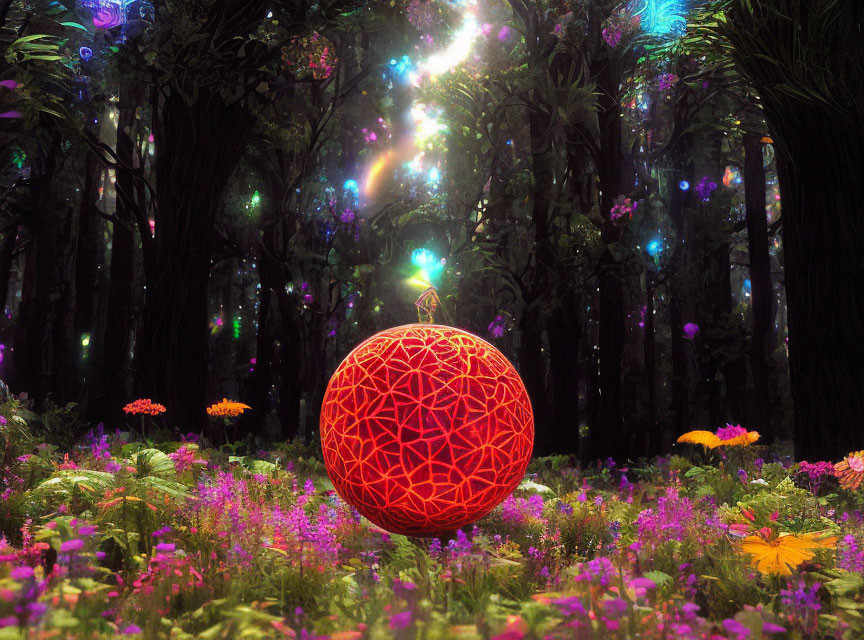 Intricate red sphere in vibrant forest with flowers