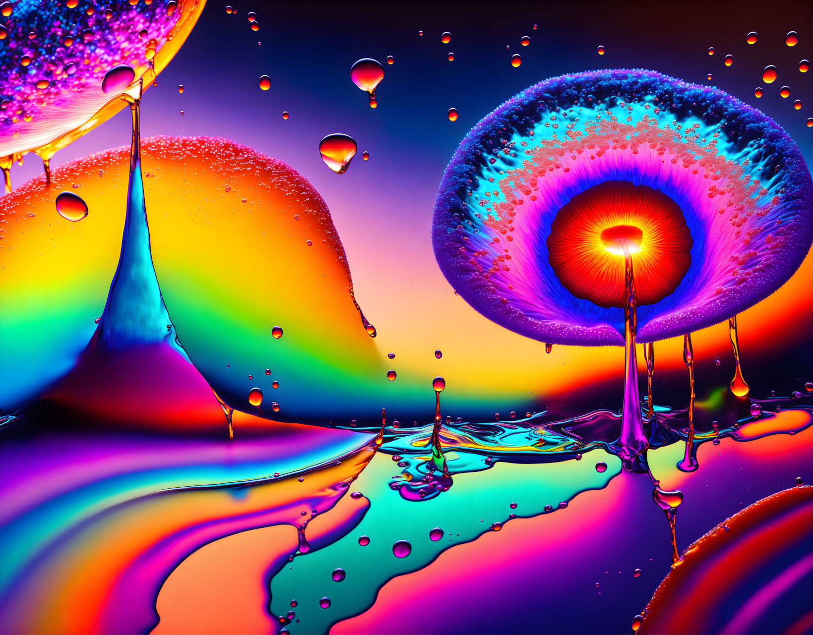 Colorful liquid splashes and droplets with umbrella shapes in abstract composition