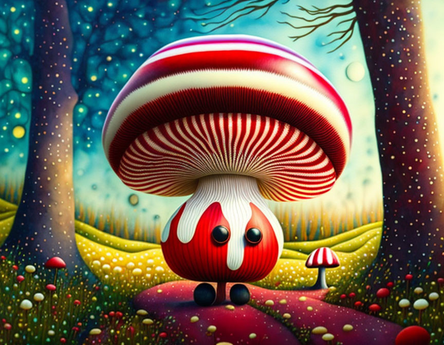 Colorful character with mushroom cap in vibrant forest illustration.