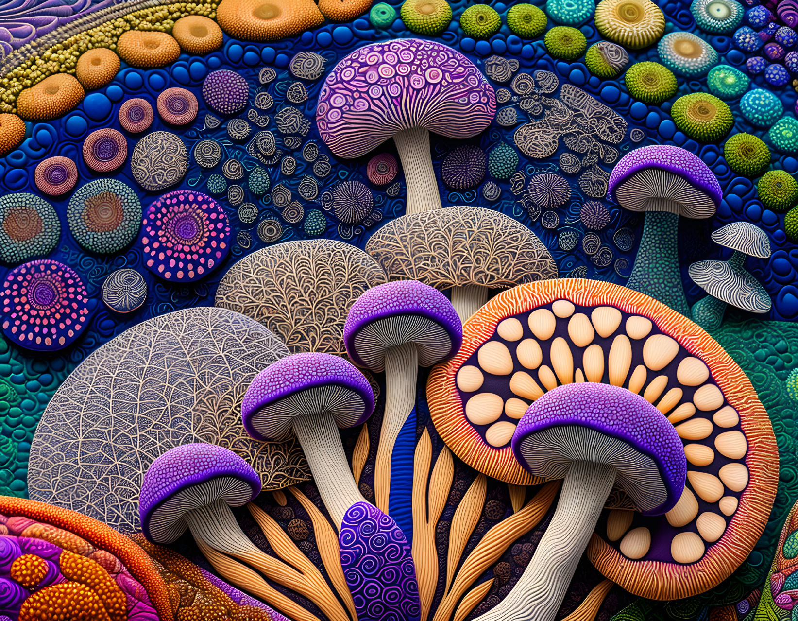 Colorful digital artwork featuring stylized mushrooms and patterned orbs in purples, blues, and