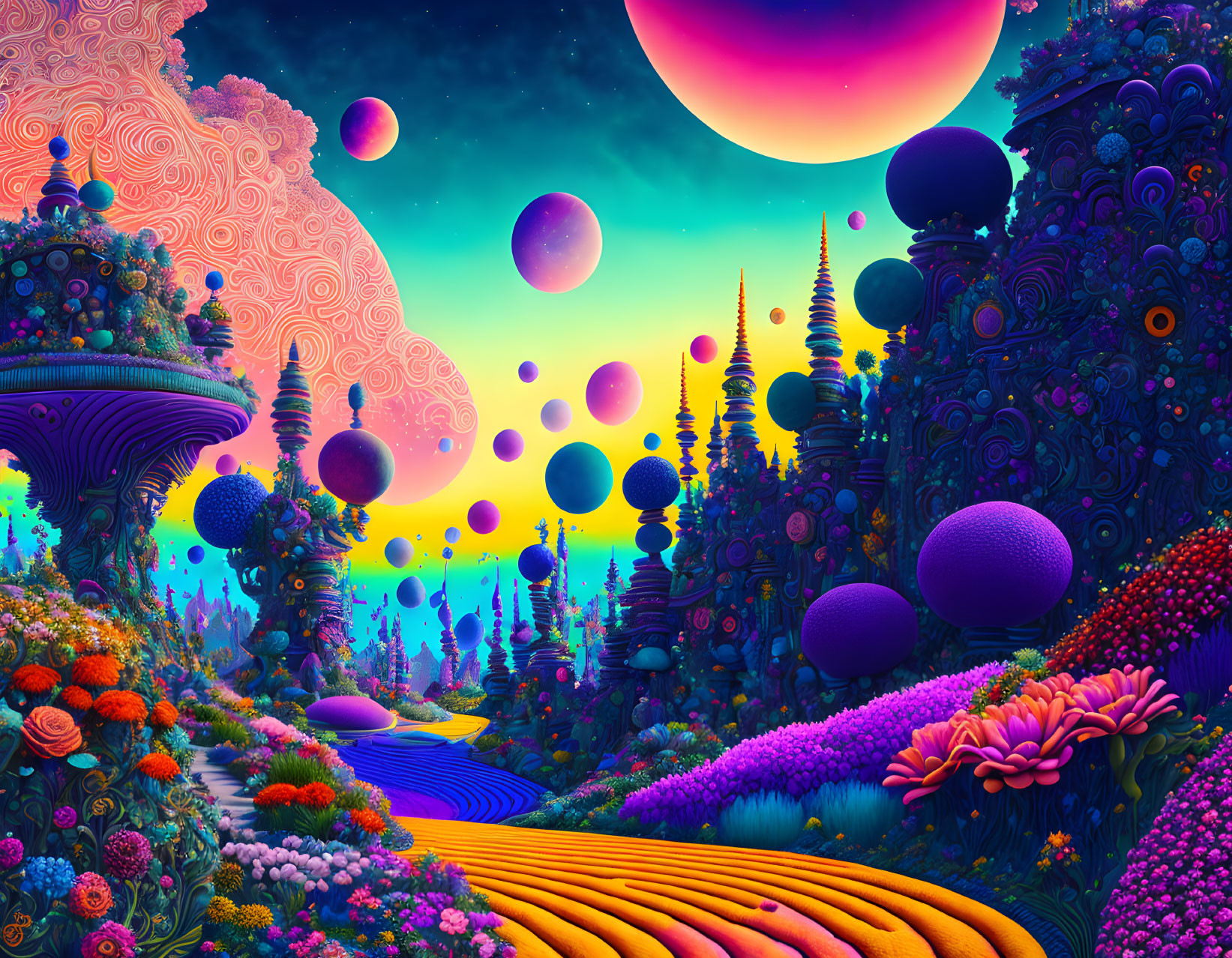 Colorful surreal landscape with exotic plants, multiple moons, and starry sky