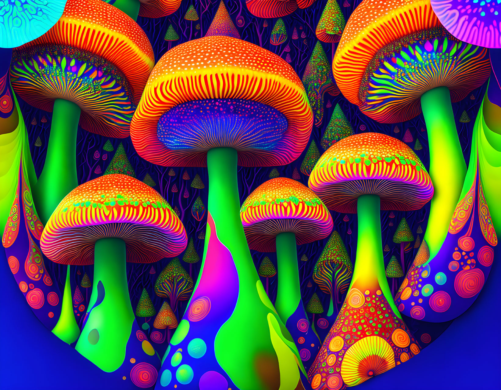 Colorful Psychedelic Mushroom Illustration on Dark Blue Background