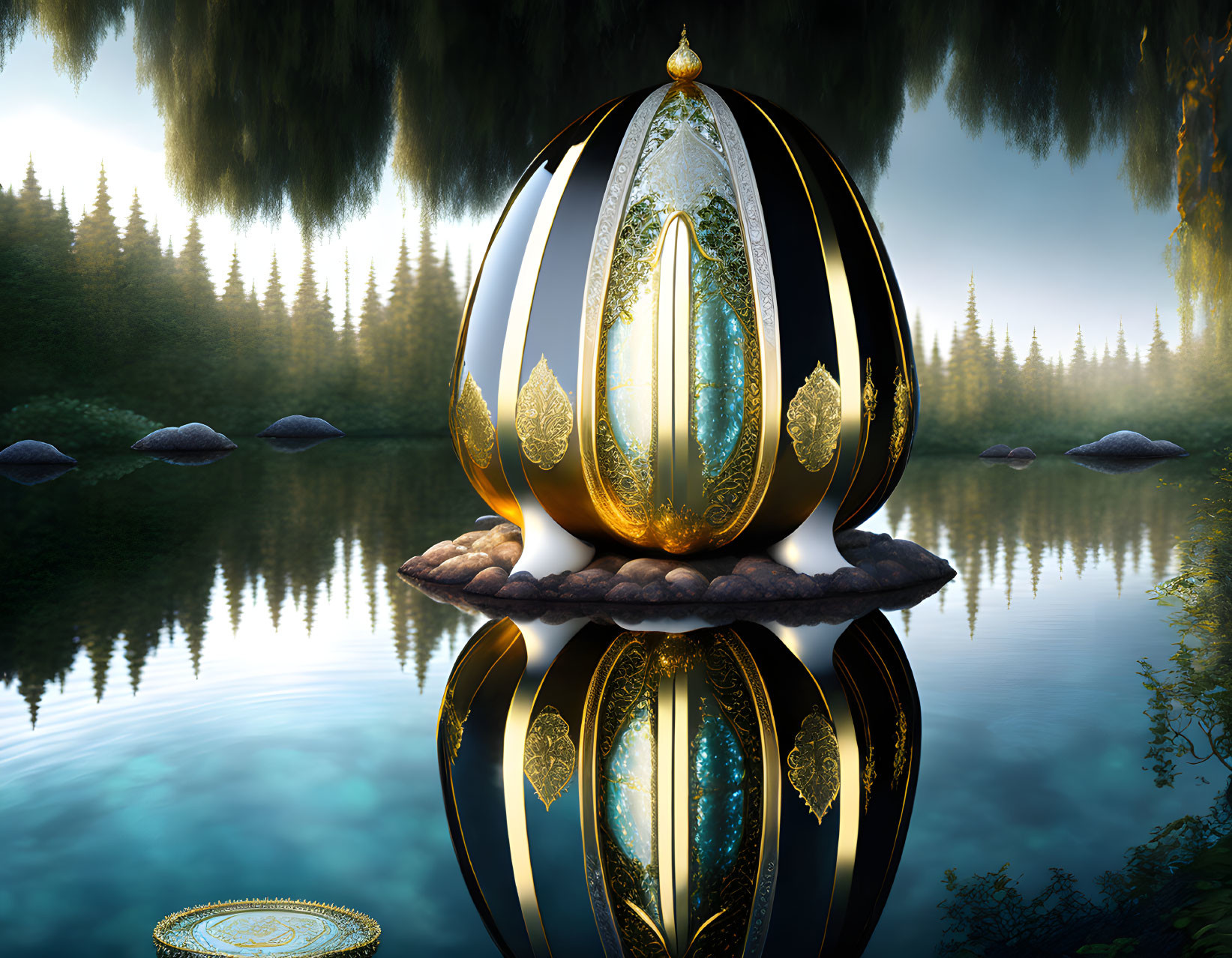 Egg-shaped ornate structure with gold and white patterns on a pedestal by tranquil lake in serene forest