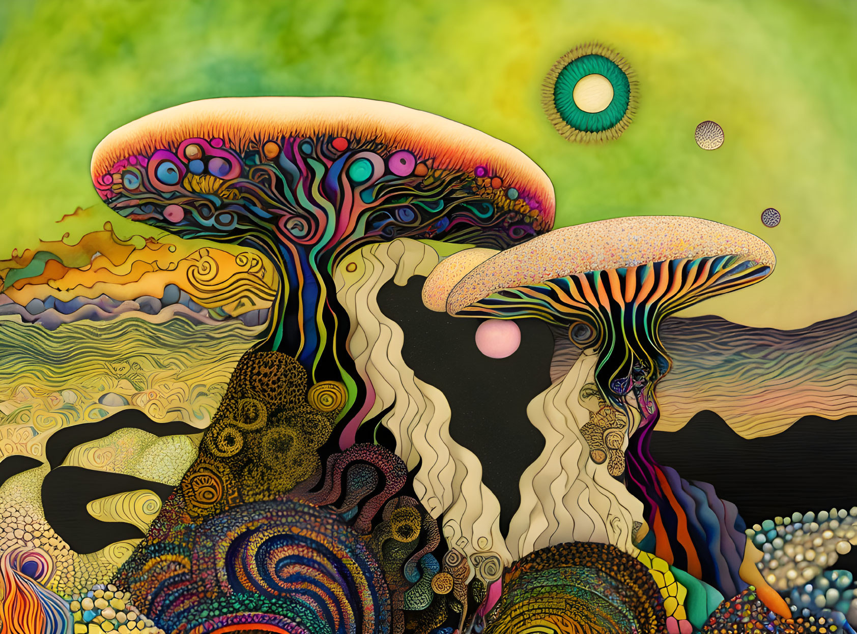 Vibrant psychedelic mushroom illustration on abstract landscape