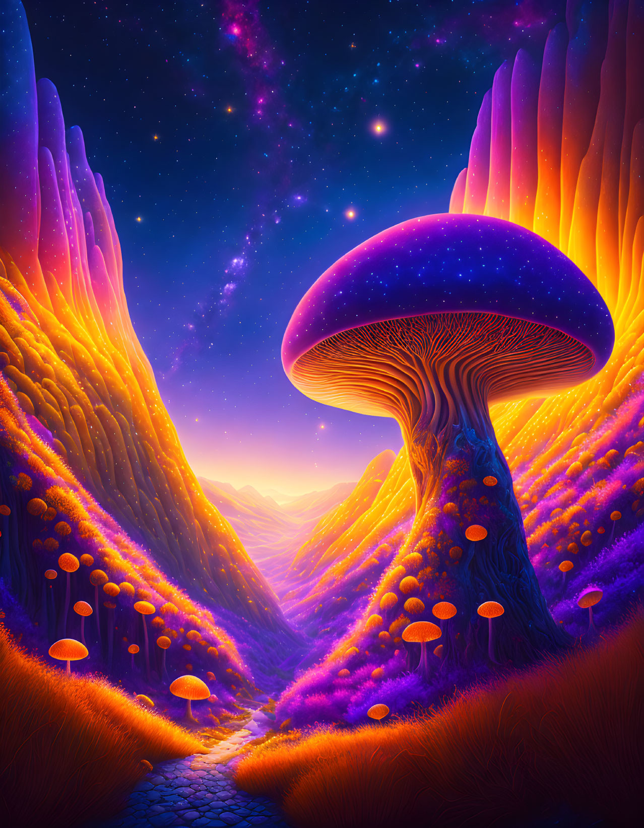 Colorful Fantasy Landscape with Oversized Mushroom and Starry Sky