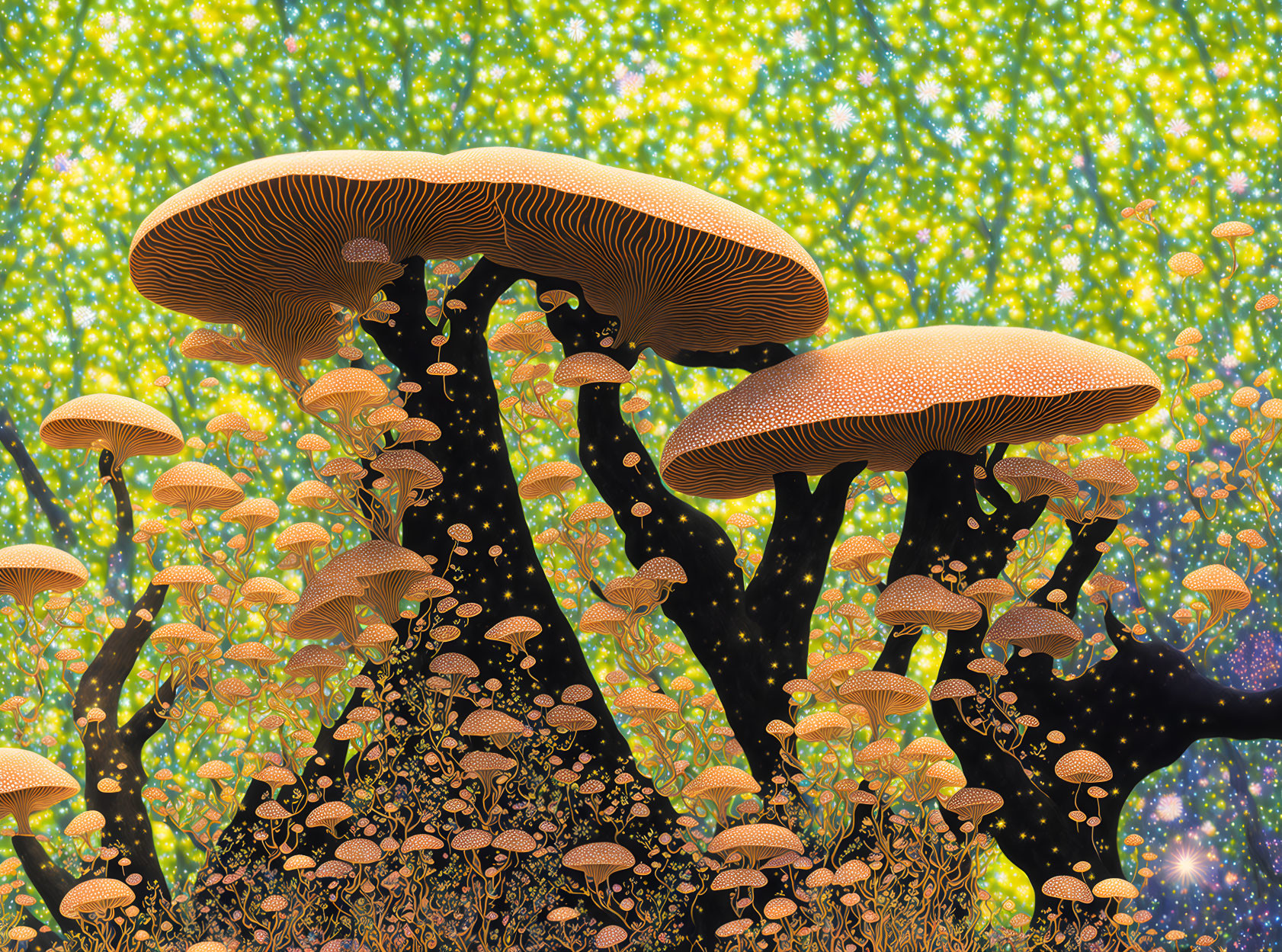 Surreal illustration: Oversized mushrooms on starry background