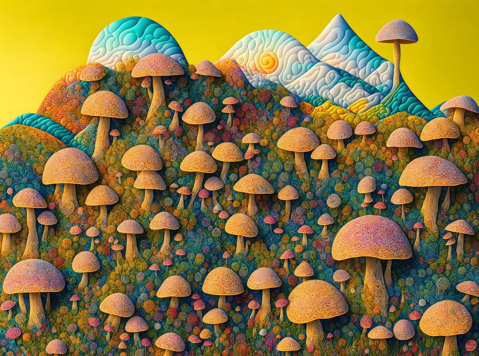 Colorful Mushroom-Filled Surreal Landscape on Warm Yellow Background