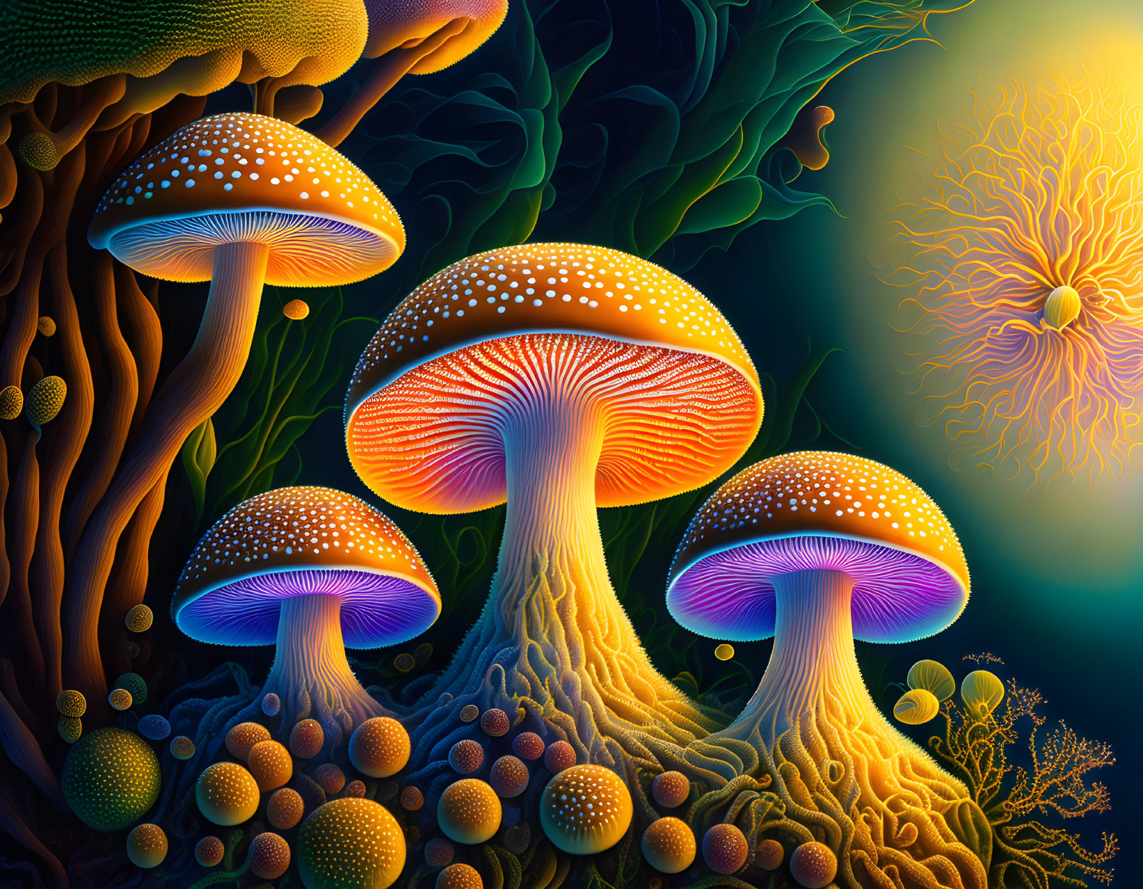 Luminescent Mushroom Illustration with Intricate Patterns