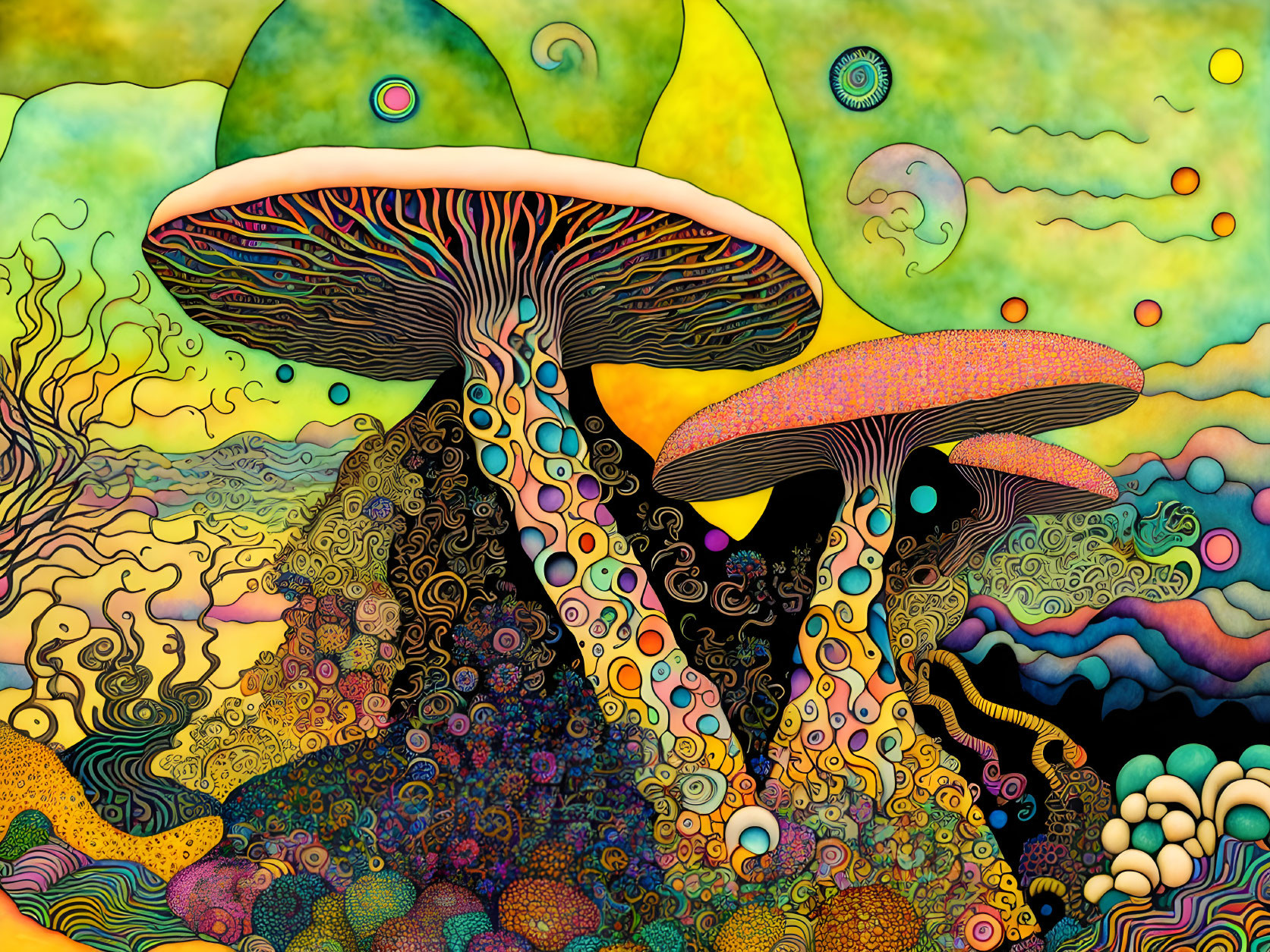 Colorful psychedelic artwork: stylized mushrooms and orbs on abstract backdrop