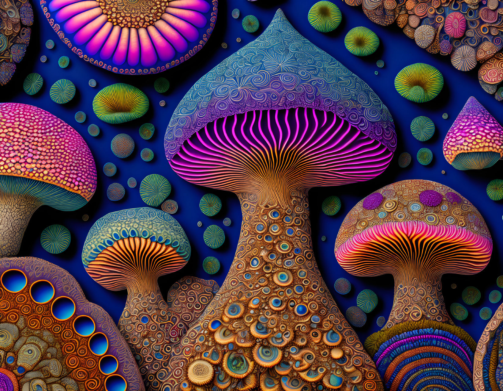 Colorful Psychedelic Mushroom Art on Dark Blue Background