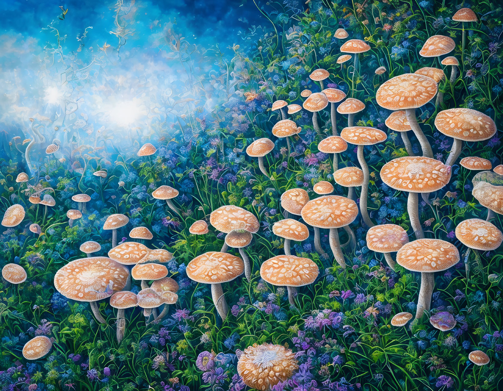 Fantasy mushroom grove with tall, dotted fungi under starry sky