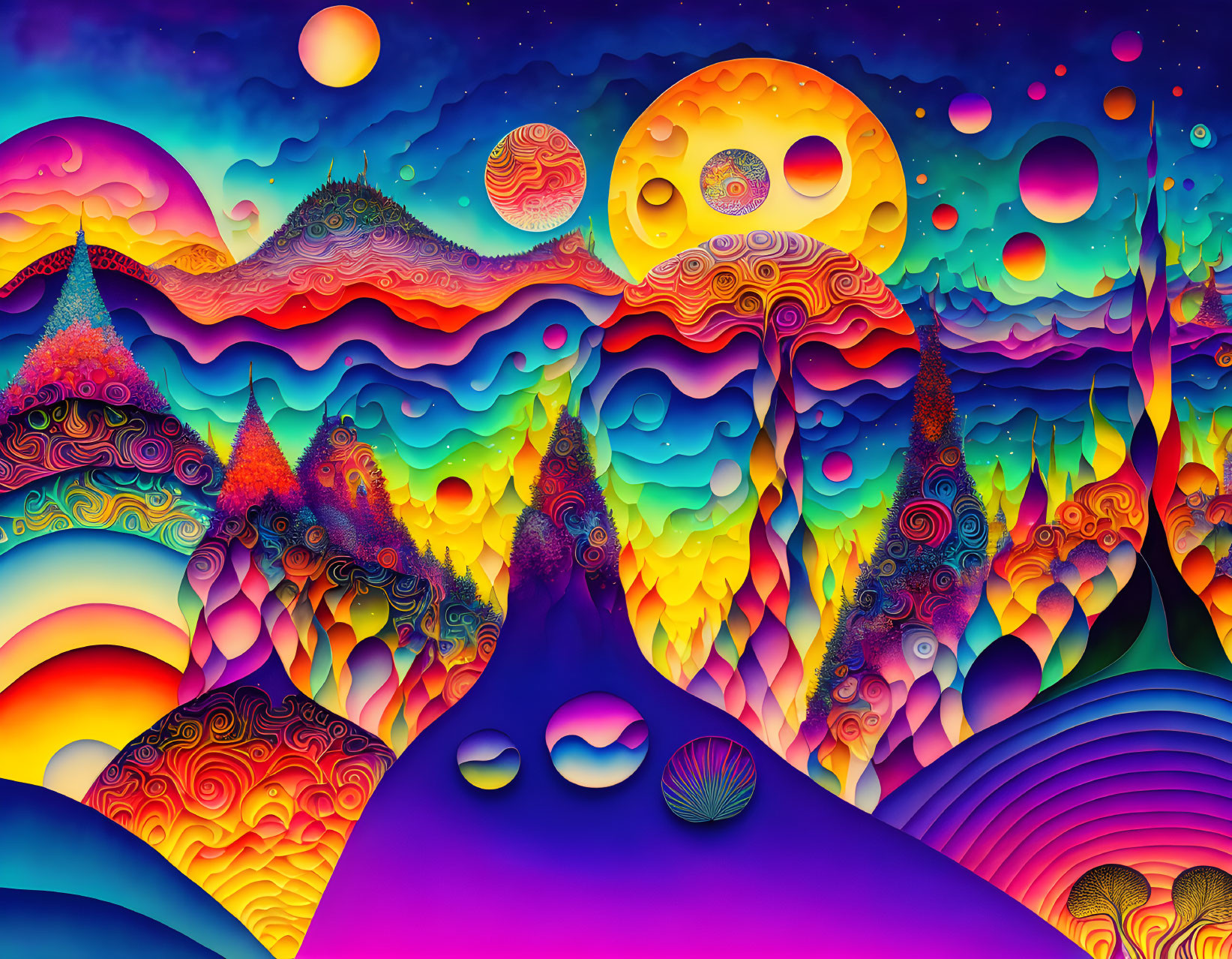 Colorful Psychedelic Landscape with Celestial Bodies