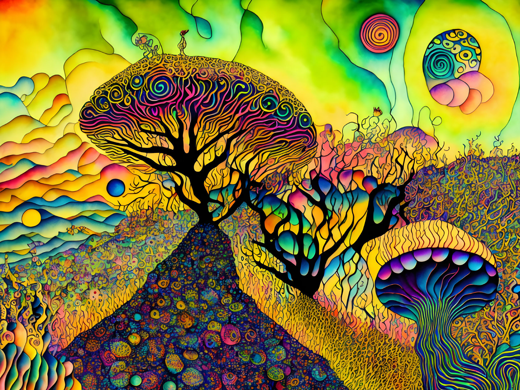 Colorful Psychedelic Landscape with Swirling Tree and Celestial Sky