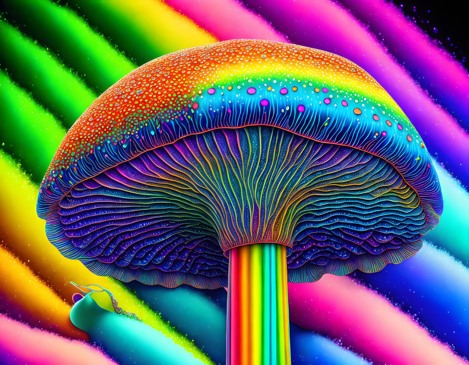 Colorful Psychedelic Mushroom Illustration on Rainbow Background