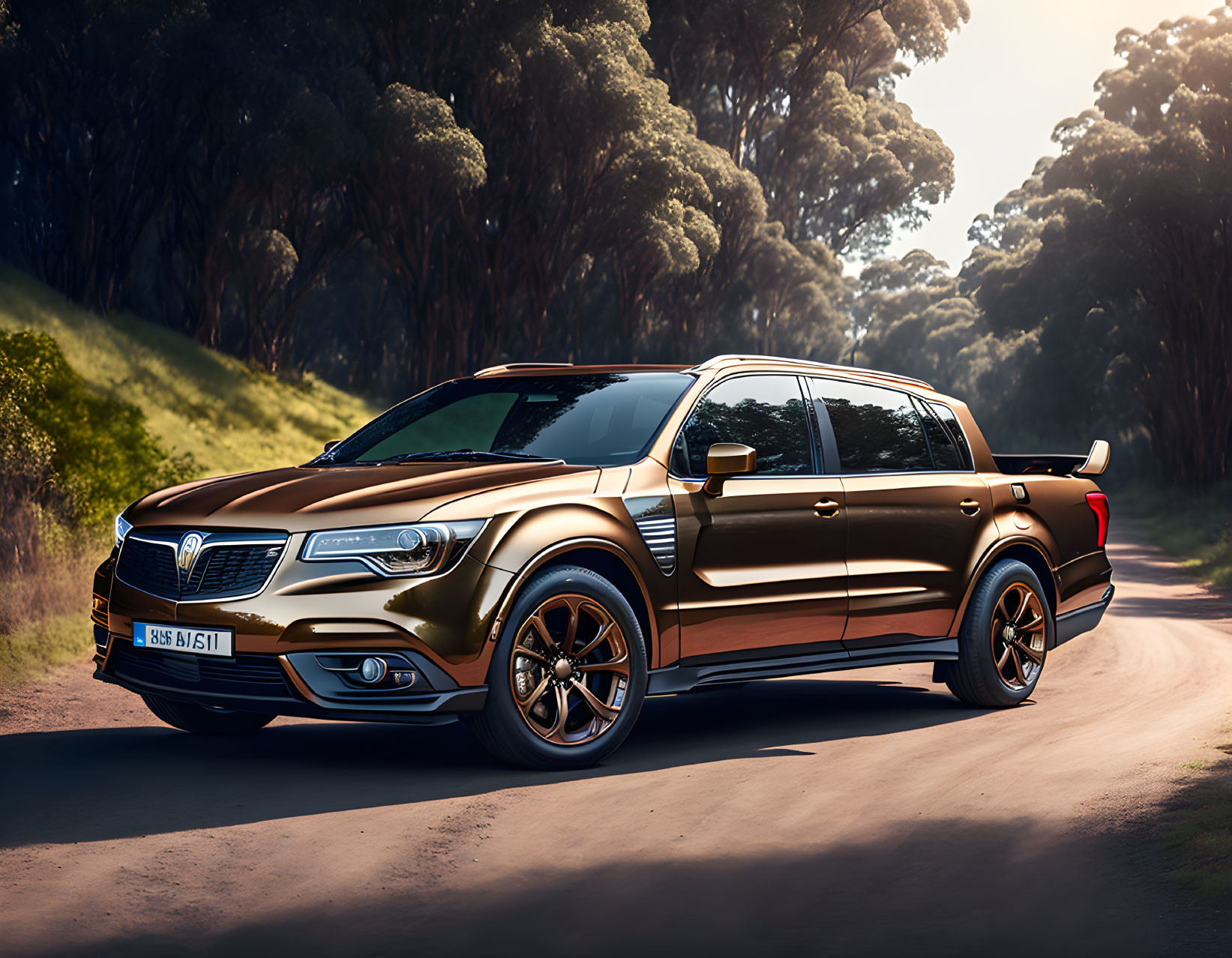 Metallic bronze pickup truck on sunlit forest road