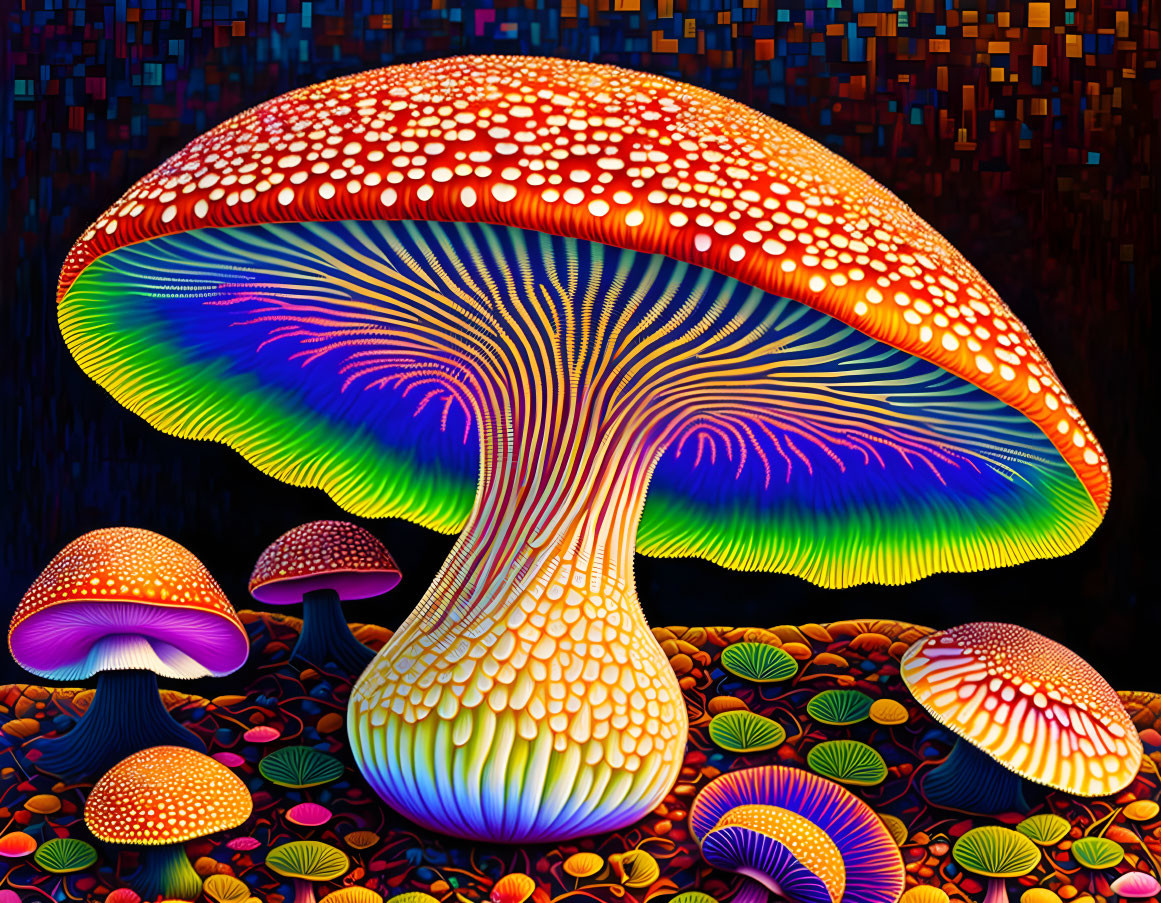 Colorful psychedelic mushrooms on dark pixelated background