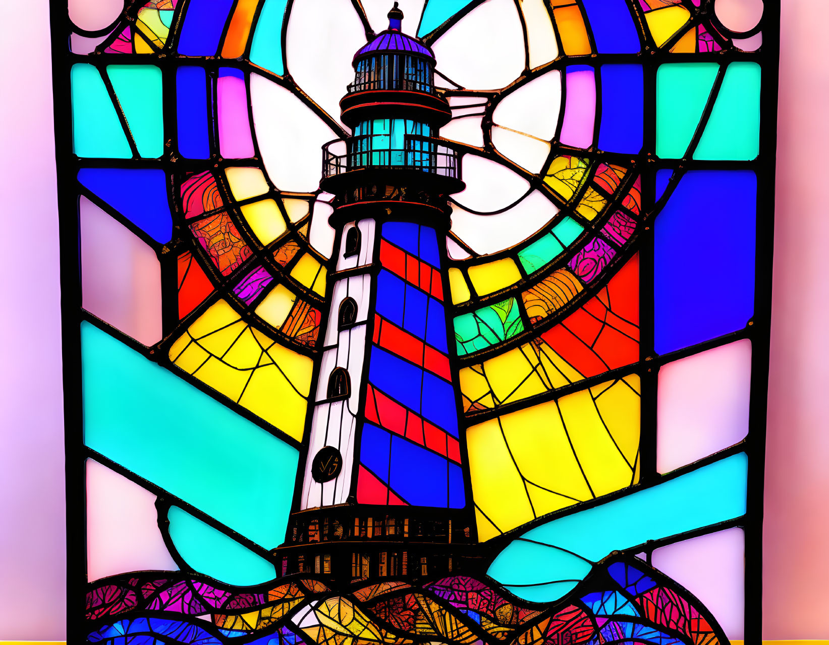 Colorful Stained Glass Window of Lighthouse and Spiral Pattern