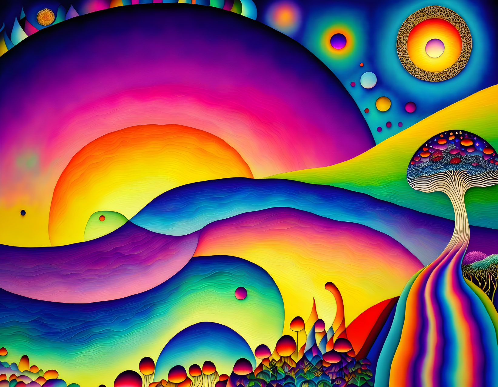 Colorful psychedelic landscape with wavy patterns, hills, and rainbow tree