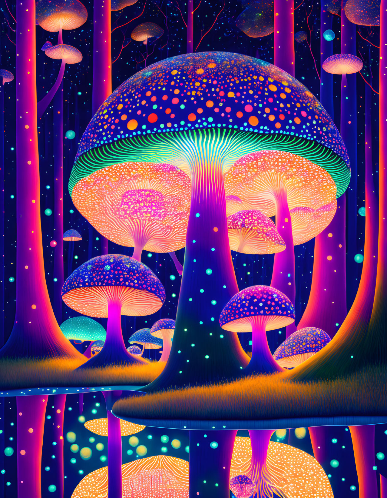 Neon-lit psychedelic forest with glowing mushrooms