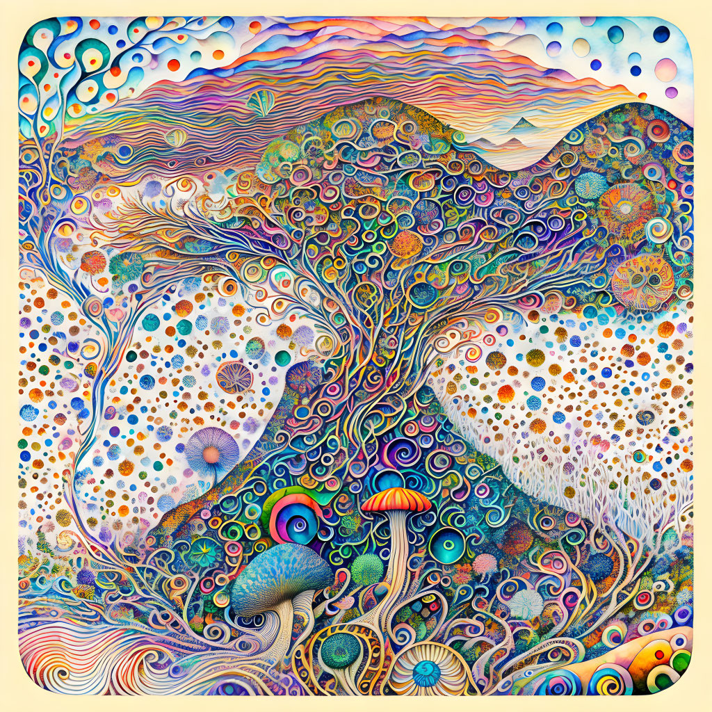 Colorful psychedelic tree illustration with swirling patterns and mushrooms