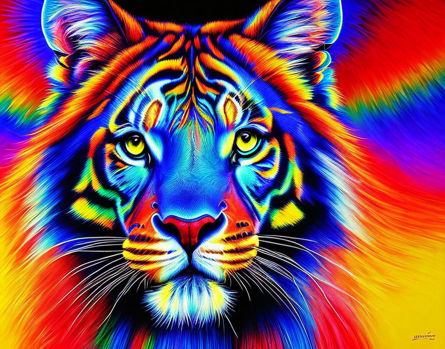 Colorful Tiger Face Artwork with Psychedelic Background