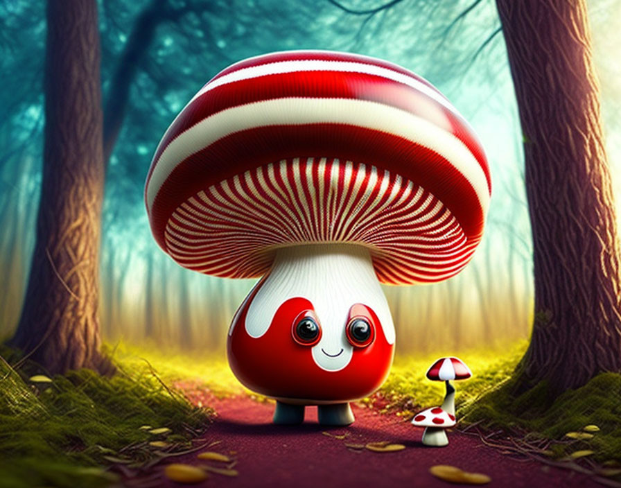 Illustrated fantasy scene: anthropomorphic mushrooms in forest landscape