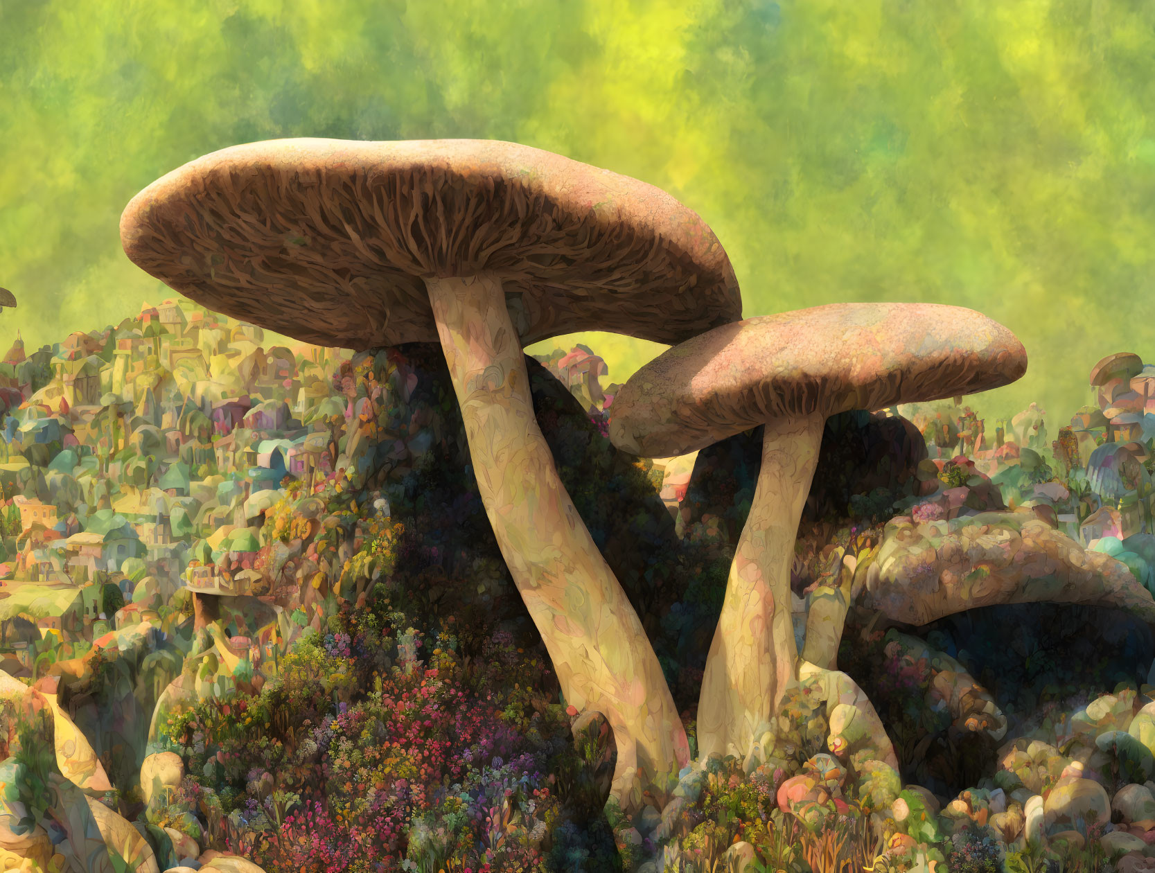 Fantastical landscape with oversized mushrooms and colorful fungi in misty forest.