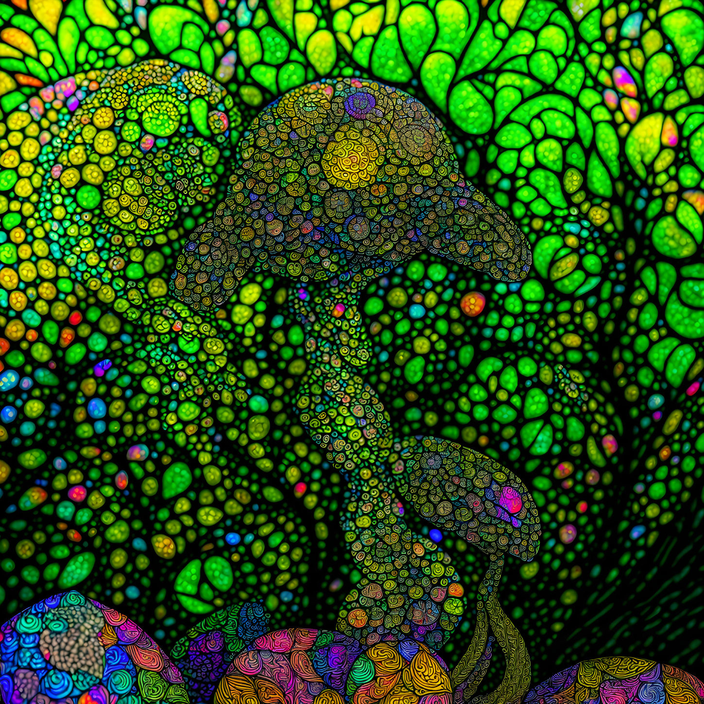 Colorful Psychedelic Mushroom Art Against Mosaic Background