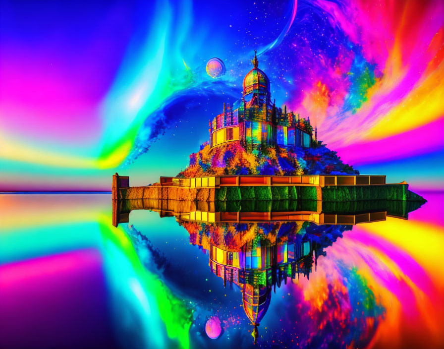 Vividly Colored Surreal Landscape with Castle, Water Reflection, Psychedelic Sky, Aurora