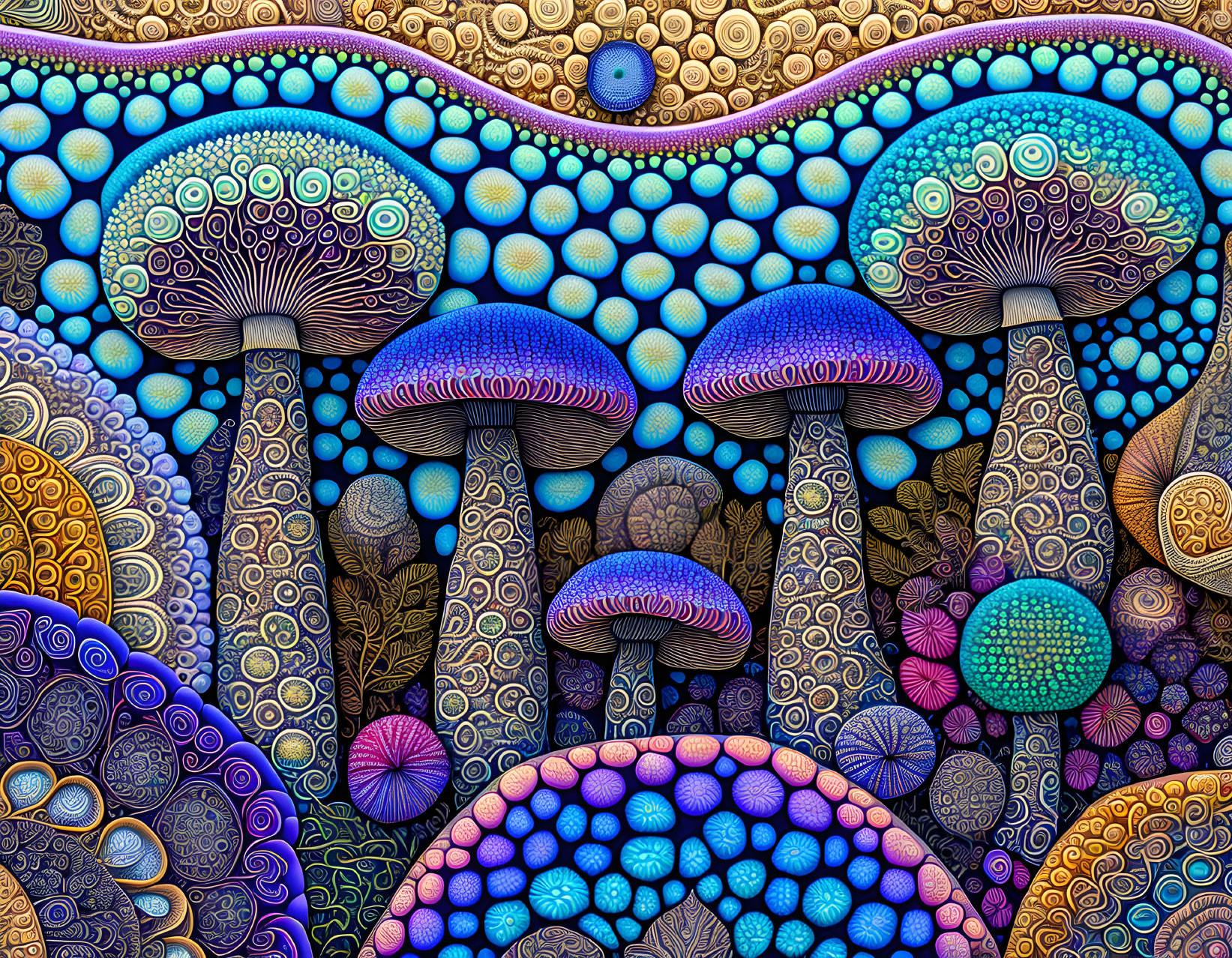 Colorful Abstract Artwork: Stylized Mushrooms in Various Patterns