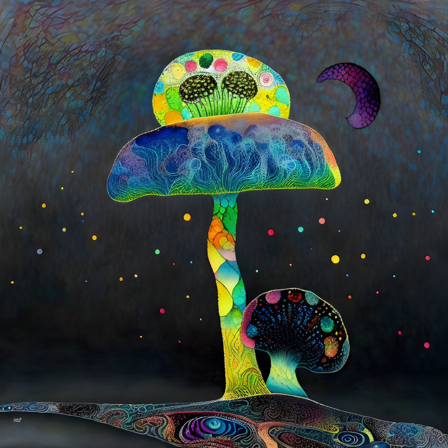 Colorful Mushroom Painting with Intricate Patterns on Dark Background