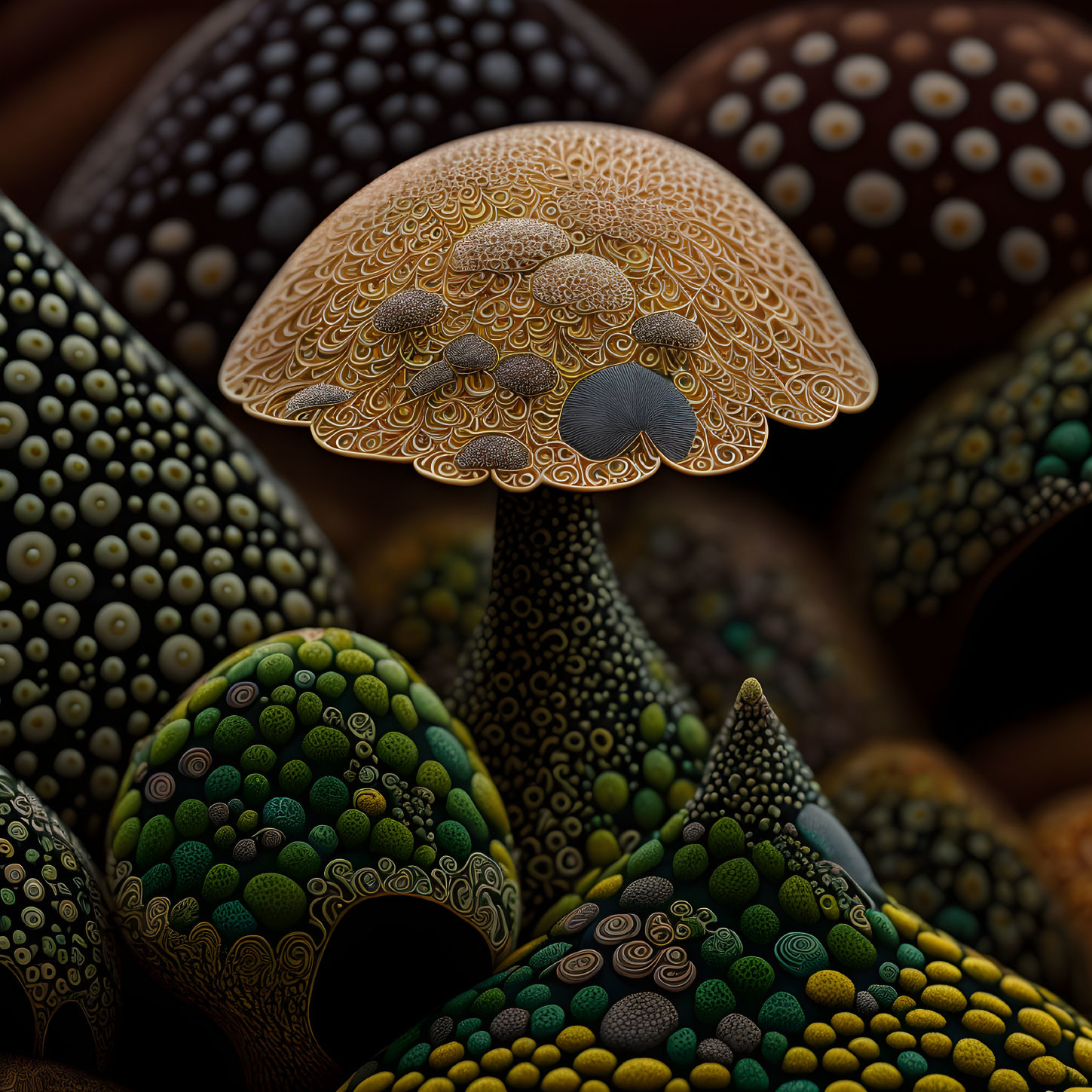 Detailed Patterns of Ornate Brown and Green Mushrooms