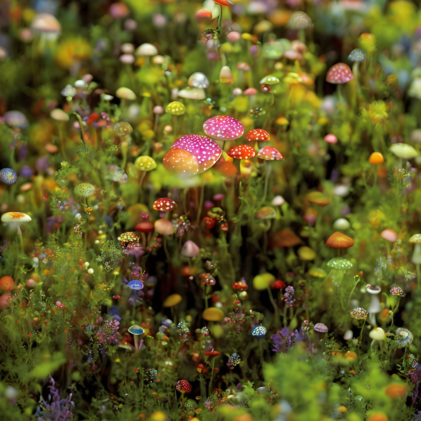 Colorful Fantasy Mushroom Forest with Polka-dot Patterns