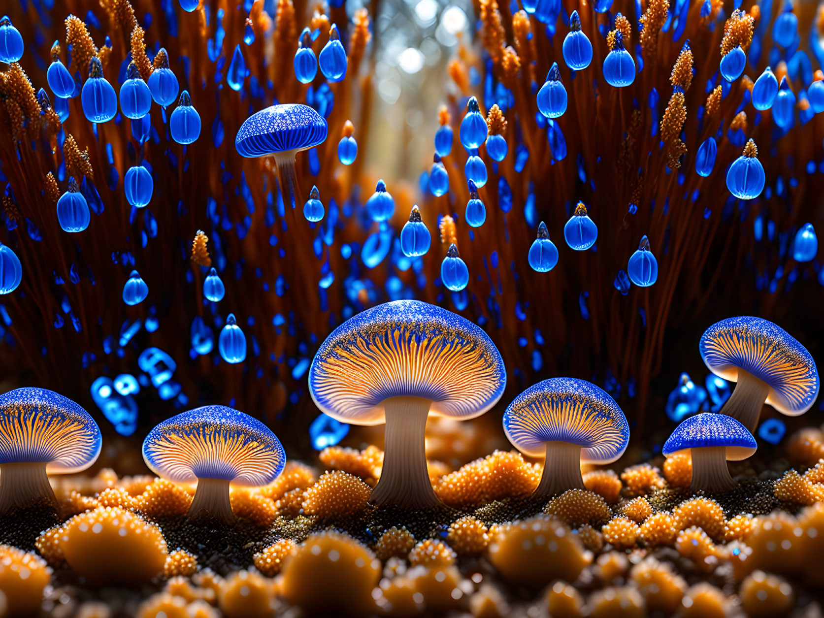 Blue jellyfish-like creatures over orange mushroom forest in magical setting.