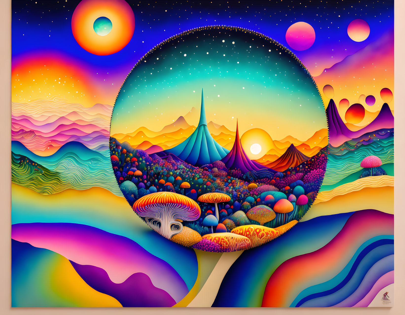 Colorful Psychedelic Landscape with Hills and Celestial Bodies