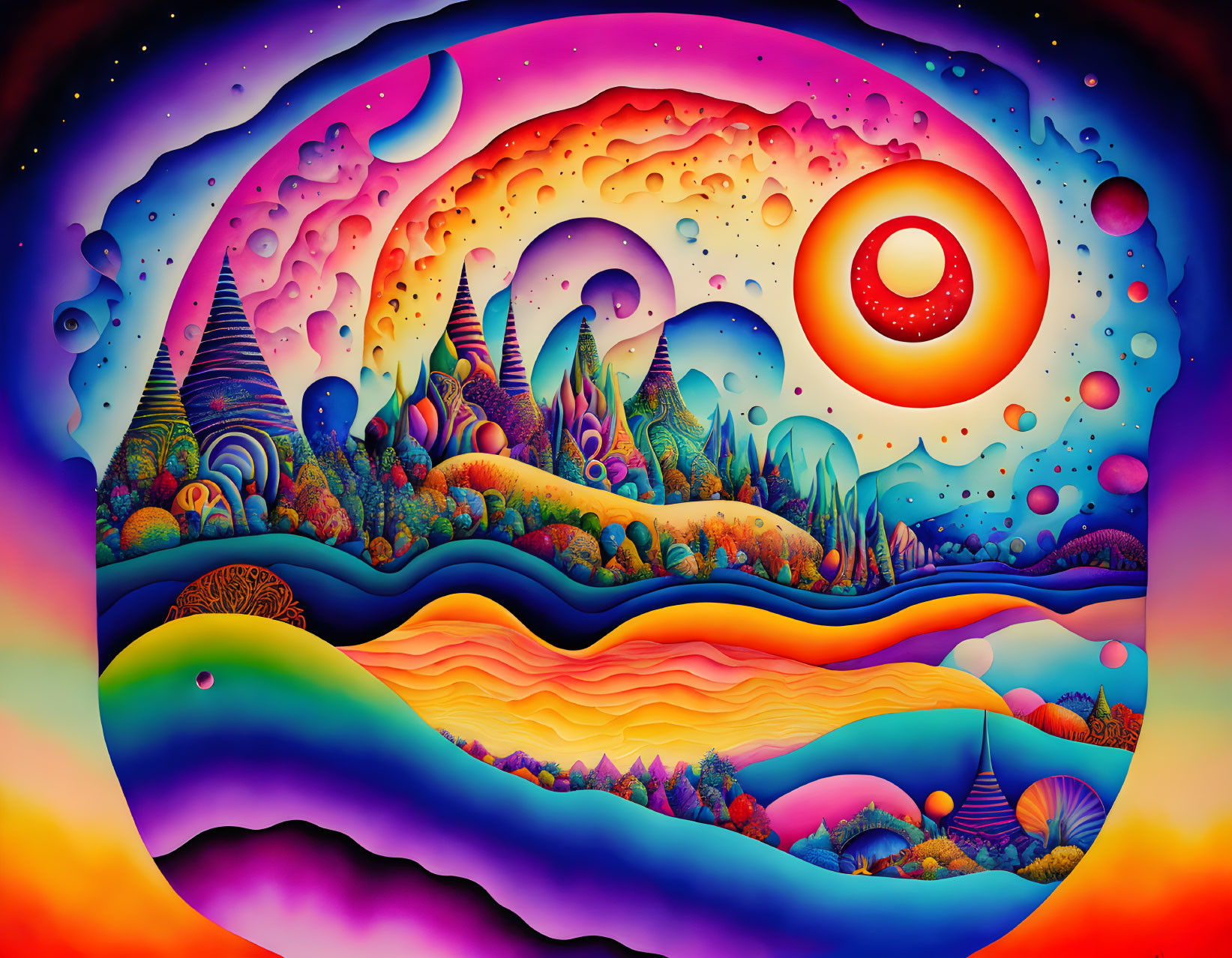 Colorful Swirling Landscape with Central Sun/Moon