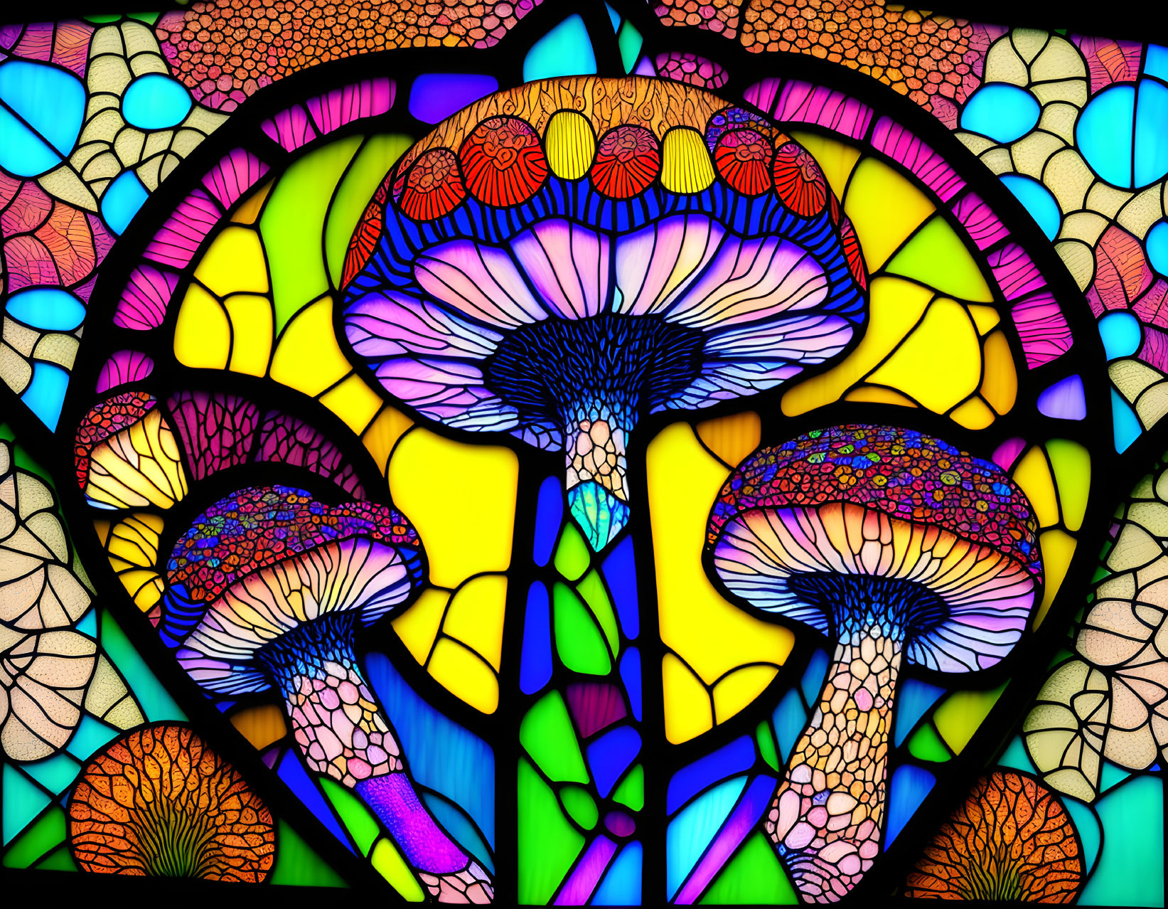 Vibrant Mushroom Stained Glass Window in Yellow and Blue