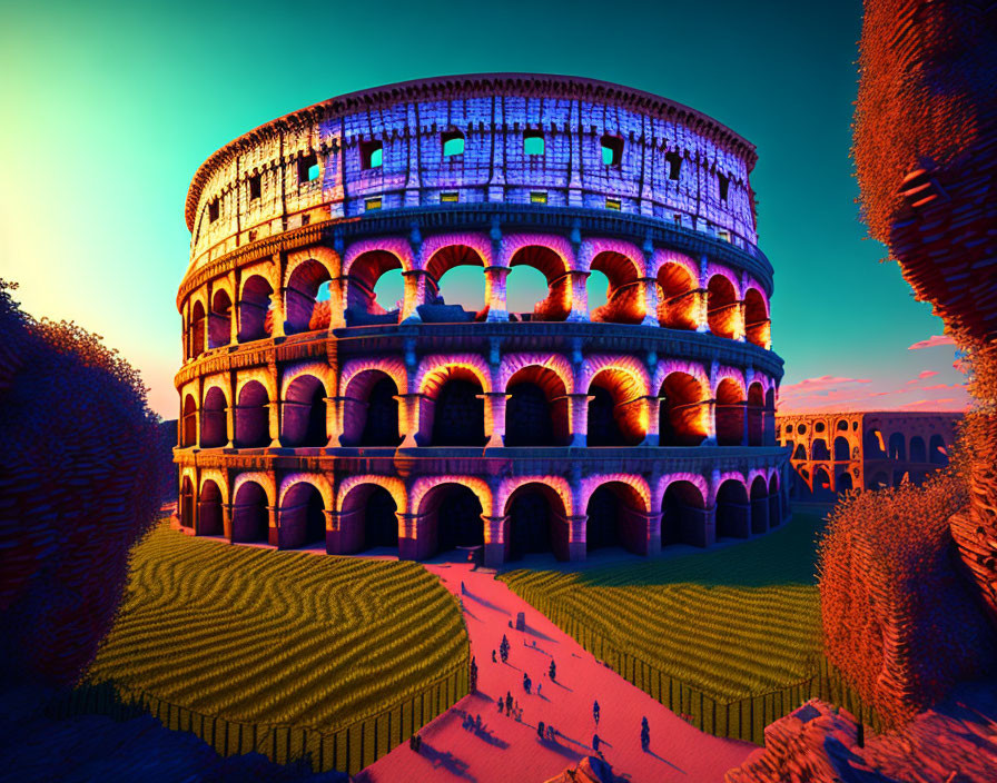 Digitally altered Colosseum image with surreal sky and miniature figures