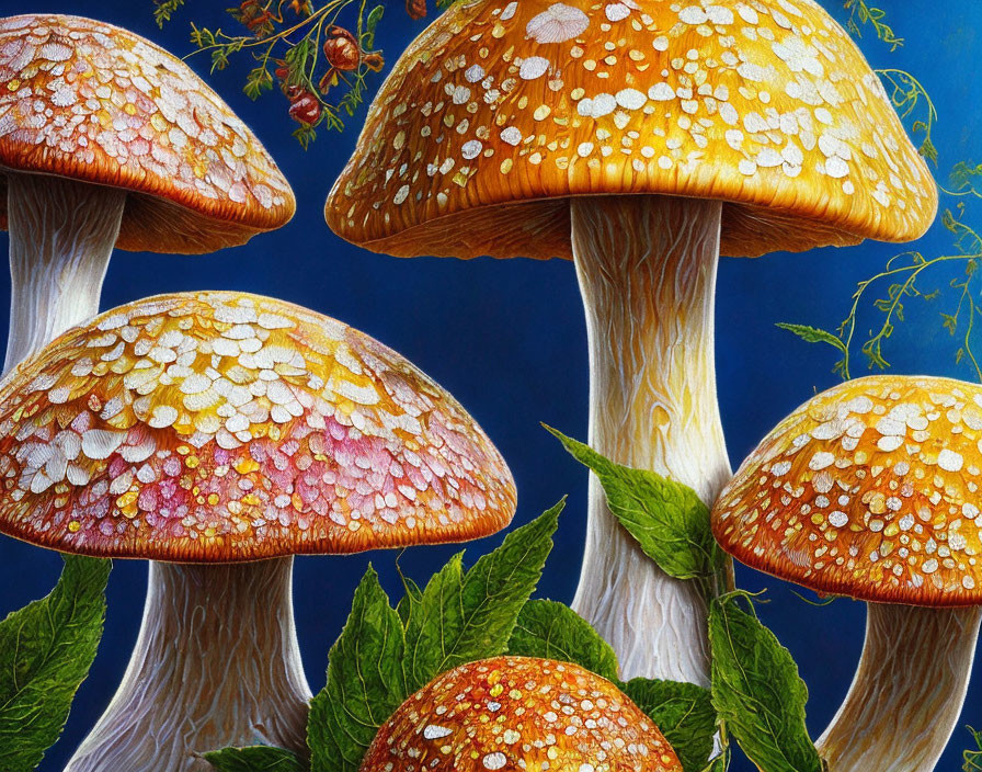 Detailed Mushroom Painting on Dark Blue Background