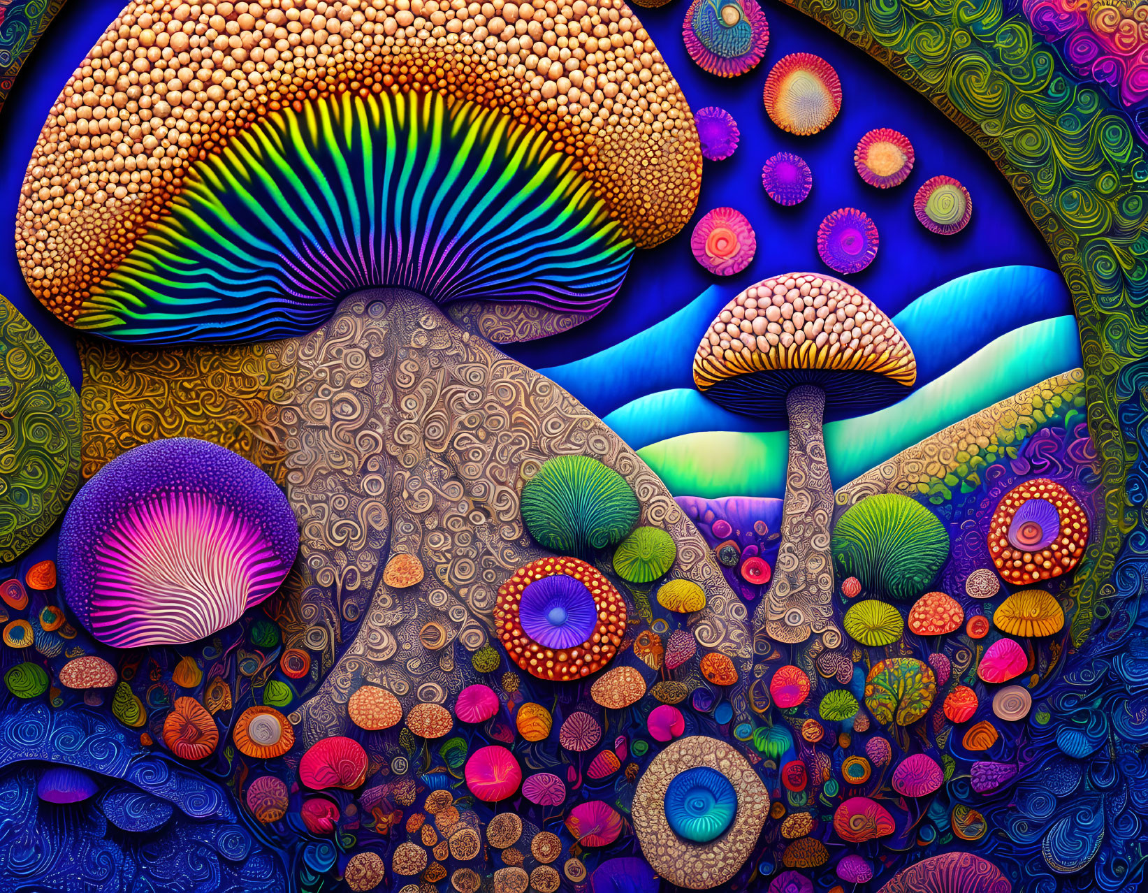 Colorful psychedelic mushroom and landscape art illustration.