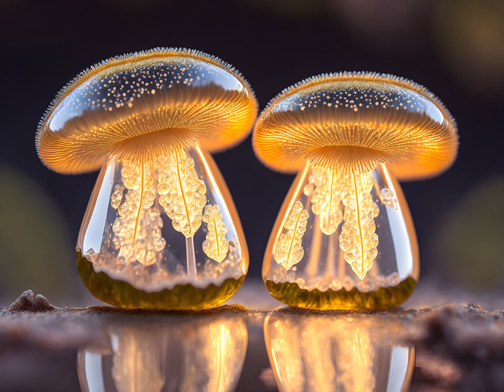 Bioluminescent mushrooms in forest with water reflection